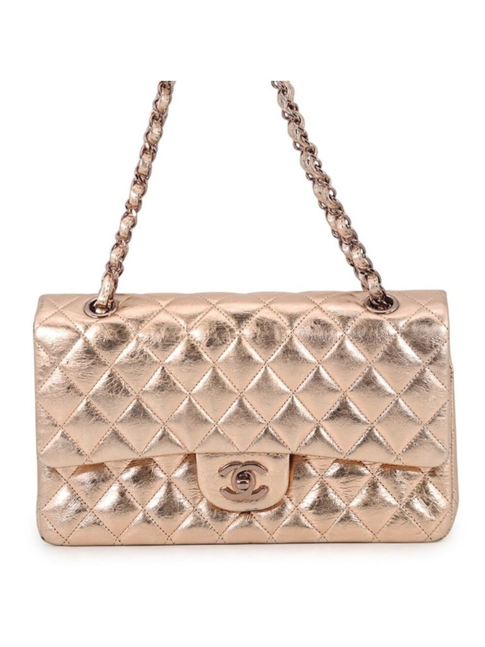 Chanel Chain Shoulder Bag Quilted 25 Double Flap Metallic Calf Leather Mobile